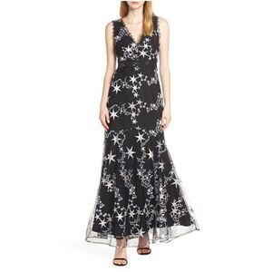 FOXIEDOX Astra Embroidered Trumpet Gown S NWT Black Silver Stars